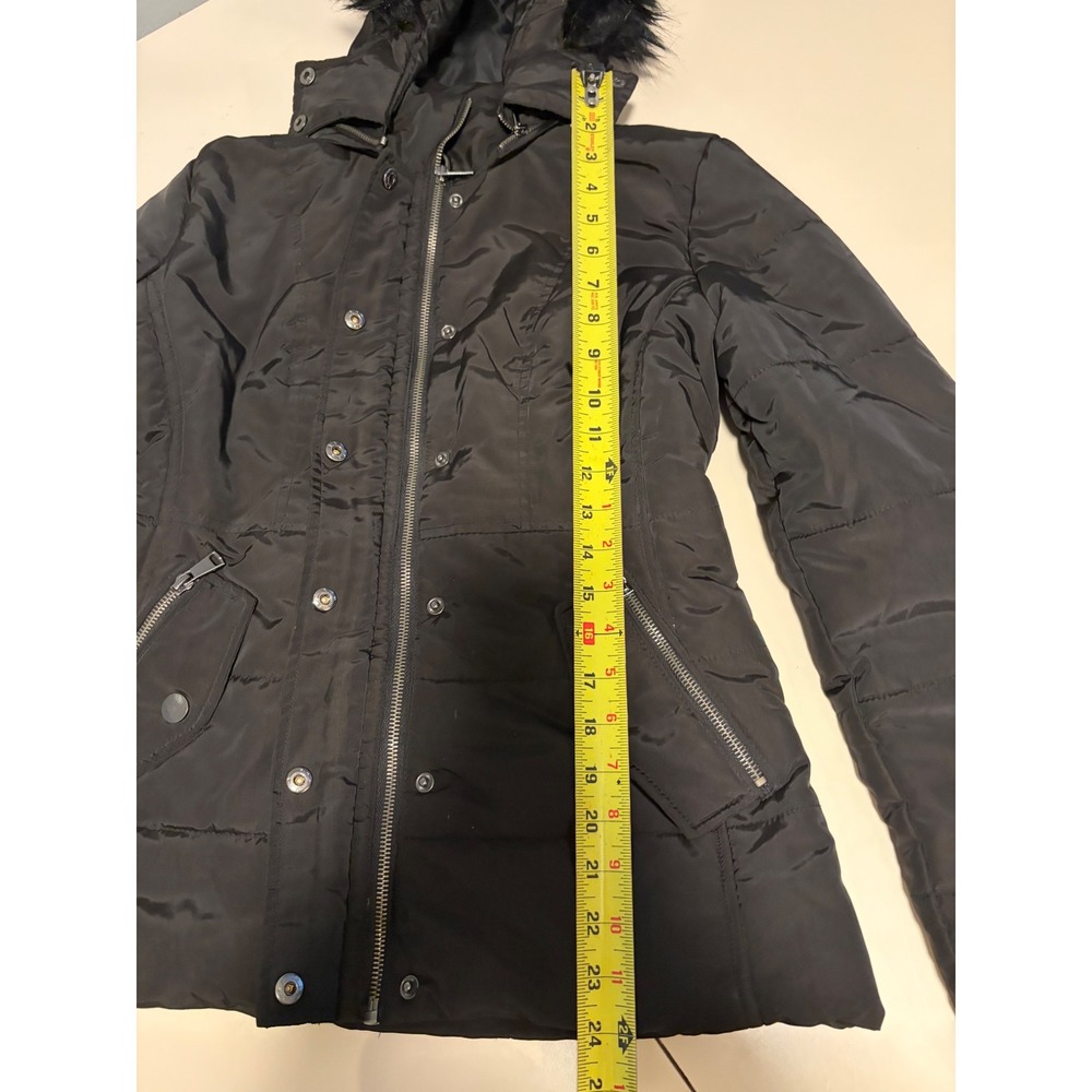 Black Faux Fur Trim Hooded Puffer Jacket Quilted Winter Coat Zip Up Women Small - Picture 6 of 16